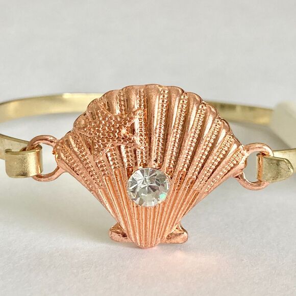 Scallop Sea Shell Bracelet Bangle Nautical Island Beach 7.5" Gold Plated Crystal - Picture 3 of 12